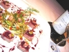           Assaggi di Teatro: ventresca di tonno con foie gras ai fichi e puntarelle con aceto di Marsala e  Sa Perda Bianca Feudi della Medusa